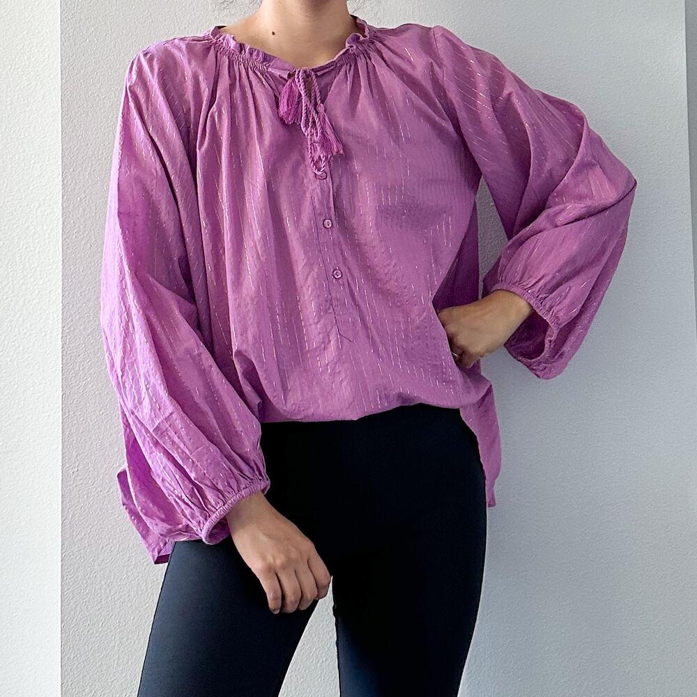 Emerson Fry India Collection Bardot Cotton Peasant Top in Pink Lurex Size Small